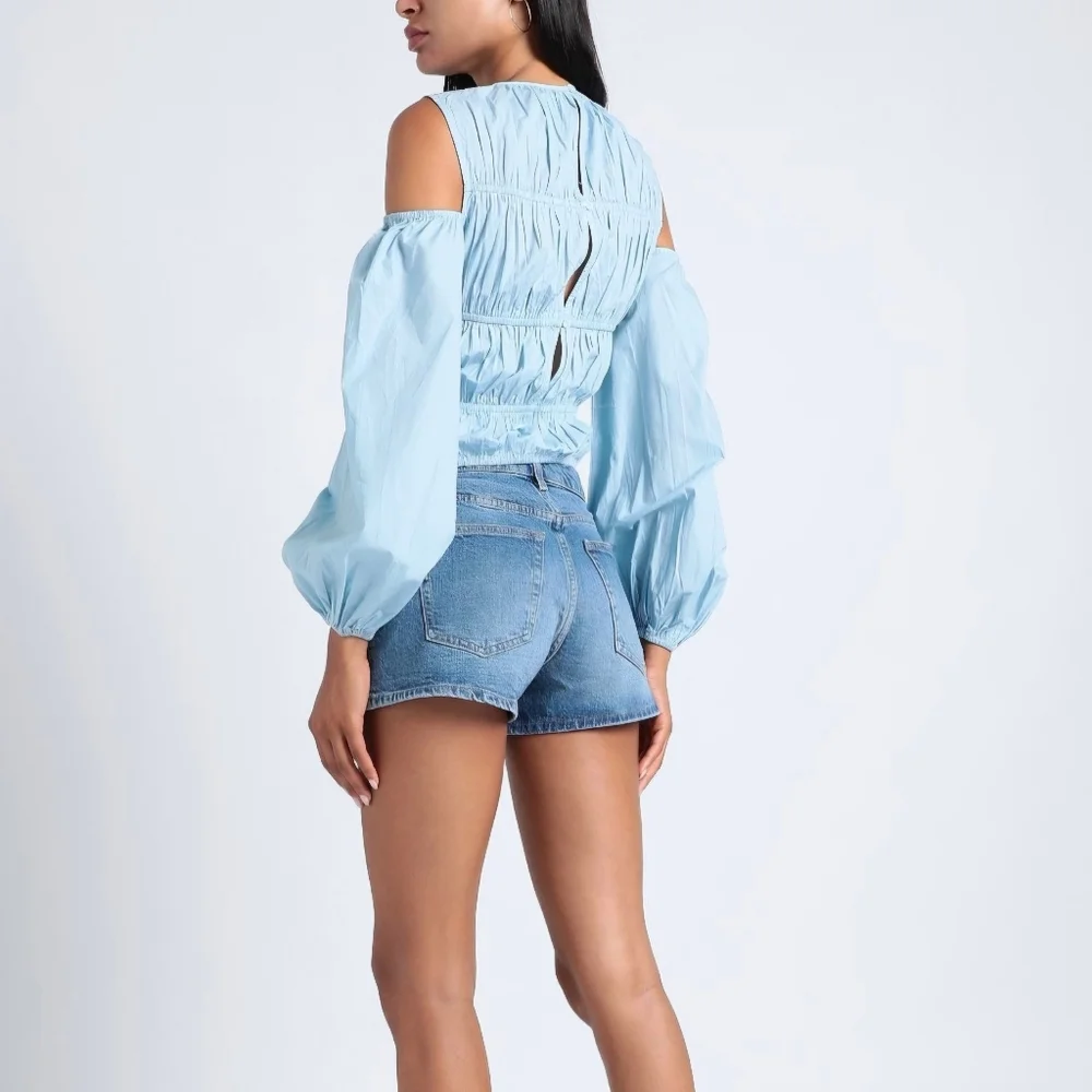 Topshop Shirred Poplin Off The Shoulder Blouse in Blue Size 6 - Picture 2 of 10